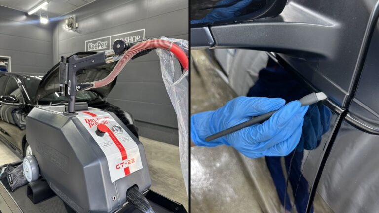 ドライアイス洗浄機と、細部洗浄で隙間の汚れを落とす作業